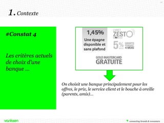 10

1. Contexte
#Constat 4

Les critères actuels
de choix d’une
banque …
On choisit une banque principalement pour les
offres, le prix, le service client et le bouche à oreille
(parents, amis)…

 