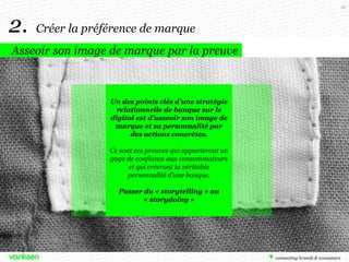 18

2.

Créer la préférence de marque

Asseoir son image de marque par la preuve

Un des points clés d’une stratégie
relationnelle de banque sur le
digital est d’asseoir son image de
marque et sa personnalité par
des actions concrètes.
Ce sont ces preuves qui apporteront un
gage de confiance aux consommateurs
et qui créeront la véritable
personnalité d’une banque.
Passer du « storytelling » au
« storydoing »

 