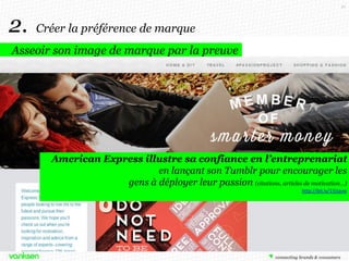 21

2.

Créer la préférence de marque

Asseoir son image de marque par la preuve

American Express illustre sa confiance en l’entreprenariat
en lançant son Tumblr pour encourager les
gens à déployer leur passion (citations, articles de motivation…)
http://bit.ly/15IJavw

 
