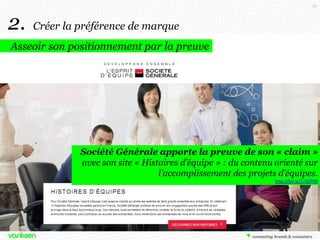 22

2.

Créer la préférence de marque

Asseoir son positionnement par la preuve

Société Générale apporte la preuve de son « claim »
avec son site « Histoires d’équipe » : du contenu orienté sur
l’accomplissement des projets d’équipes.
http://bit.ly/1732PRR

 