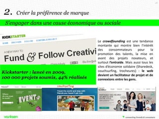 28

2.

Créer la préférence de marque

S’engager dans une cause économique ou sociale

Kickstarter : lancé en 2009,
100 000 projets soumis, 44% réalisés

Le crowdfounding est une tendance
montante qui montre bien l’intérêt
des
consommateurs
pour
la
promotion des talents, la mise en
avant des projets novateurs, et
surtout l’entraide. Mais aussi tous les
sites d’économie solidaire (Sharedesk,
couchsurfing, trocheures) : le web
devient un facilitateur de projet et de
connexions entre les gens.

 
