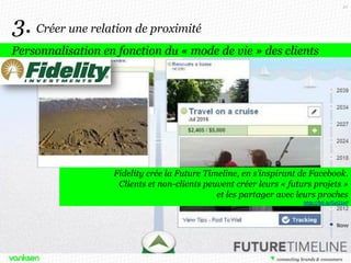 52

3. Créer une relation de proximité
Personnalisation en fonction du « mode de vie » des clients

Fidelity crée la Future Timeline, en s’inspirant de Facebook.
Clients et non-clients peuvent créer leurs « futurs projets »
et les partager avec leurs proches
http://bit.ly/GzQ1eP

 