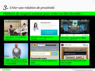 59

3. Créer une relation de proximité
Pléthore de moyens existent pour créer un lien durable …

La Net agence : un conseiller par
webcam http://bit.ly/1e5zUBG

Hello Bank : chat en ligne avec un
conseiller http://bit.ly/1b6iy5X

BNP Paribas : Compte SAV sur Twitter

La BPLC met en place un outil de
contact conseiller pour les sourds
et malentendants http://bit.ly/1bE9o4R

Combank crée un réseau social pour ses
clients

NatWest crée des FAQ avec des vidéos
Vine via Twitter

http://bit.ly/1eZURRw

http://bit.ly/16YUuO6

https://twitter.com/BNPParibas_SAV

 