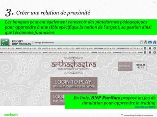 72

3. Créer une relation de proximité
Les banques peuvent également concevoir des plateformes pédagogiques
pour apprendre à une cible spécifique la notion de l'argent, sa gestion ainsi
que l’économie financière

En Inde, BNP Paribas propose un jeu de
simulation pour apprendre le trading
http://bit.ly/19lMK9J

 