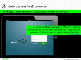 75

3.

Créer une relation de proximité

Le digital peut appuyer l’argumentaire des conseillers

La solution Mobibranch sur iPad permet aux
conseillers de se déplacer en dehors de l’agence et de
pouvoir réaliser toutes les opérations habituelles.
http://bit.ly/16hk31d

 