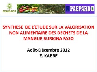 SYNTHESE DE L’ETUDE SUR LA VALORISATION
   NON ALIMENTAIRE DES DECHETS DE LA
        MANGUE BURKINA FASO

          Août-Décembre 2012
               E. KABRE
 