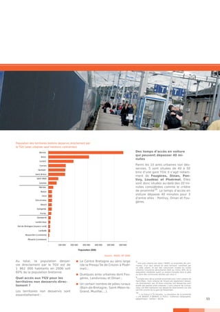 11
Au total, la population desser-
vie directement par le TGV est de
1  862  000 habitants en 2006 soit
60% de la population bretonne.
Quel accès aux TGV pour les
territoires non desservis direc-
tement ?
Les territoires non desservis sont
essentiellement :
	Le Centre Bretagne au sens large
(de la Presqu’île de Crozon à Ploër-
mel) ;
	Quelques aires urbaines dont Fou-
gères, Landivisiau et Dinan ;
 	Un certain nombre de pôles ruraux
(Bain-de-Bretagne, Saint-Méen-le-
Grand, Muzillac…).
Des temps d’accès en voiture
qui peuvent dépasser 40 mi-
nutes
Parmi les 10 aires urbaines non des-
servies, 5 sont situées de 40 à 50
kms d’une gare TGV. Il s’agit notam-
ment de Fougères, Dinan, Pon-
tivy, Loudéac et Ploërmel. Elles
sont donc situées au-delà des 20 mi-
nutes considérées comme le critère
de proximité
10
. Le temps d’accès en
voiture dépasse 40 minutes pour 3
d’entre elles : Pontivy, Dinan et Fou-
gères.
8
Une aire urbaine est selon l’INSEE un ensemble de com-
munes, d’un seul tenant et sans enclave, constitué par
un pôle urbain, et par des communes rurales ou unités
urbaines (couronne périurbaine) dont au moins 40% de la
population résidente ayant un emploi travaille dans le pôle
ou dans des communes attirées par celui-ci.
9
Compte tenu de sa grande proximité avec l’aire urbaine de
Saint-Malo, l’aire urbaine de Dinard est également desser-
vie directement. Les 10 aires urbaines non desservies sont
plutôt des petites aires urbaines. L’aire urbaine de Concar-
neau (26 600 habitants) est desservie directement car elle
est très proche de la gare de Rosporden.
10
« La France à 20 minutes, La révolution de la proximité
», J.M. BENOIT, P. BENOIT, D. PUCCI - Collection Géographie,
géopolitique – Editeur : BELIN
Source : INSEE, RP 2006
- 100 000 200 000 300 000 400 000 500 000 600 000
Plouaret (commune)
Rosporden (commune)
Lamballe
Dol-de-Bretagne (espace rural)
Landerneau
Quimperlé
Auray
Guingamp
Dinard
Concarneau
Vitré
Redon
Morlaix
Lannion
Saint-Malo
Saint-Brieuc
Quimper
Vannes
Lorient
Brest
Rennes
Population 2006
Population des territoires bretons desservis directement par
le TGV (aires urbaines sauf mentions contraintes)
 