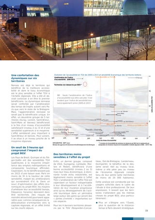 33
Une confortation des
dynamiques sur six
territoires
Rennes est déjà le territoire qui
bénéficie de la meilleure accessi-
bilité et dont le tissu économique
est le plus sensible à l’effet TGV à
l’échelle régionale. Elle a été et de-
vrait continuer à en être le premier
bénéficiaire. La dynamique rennaise
serait confortée par l’amélioration
des temps de trajets autant vers Pa-
ris que vers le reste de la Bretagne.
Mais, l’agglomération rennaise ne
serait pas le bénéficiaire unique. En
effet, un deuxième groupe de 5 ter-
ritoires (Auray, Lorient, Saint-Brieuc,
Saint-Malo et Vannes) bénéficierait
à la fois d’un niveau d’accessibilité
satisfaisant (niveau 2 ou 3) et d’une
sensibilité supérieure à la moyenne.
L’effet semblerait plus important à
Saint-Brieuc et Vannes. Pour Lorient,
il se situe à un niveau proche de la
moyenne régionale.
Un seuil de 3 heures qui
compromet l’impact du
projet BGV
Les Pays de Brest, Quimper et du Tré-
gor-Goëlo ont des sensibilités TGV
supérieures à la moyenne (impor-
tance des emplois métropolitains et
composante touristique affirmée).
Cependant, ils ne bénéficieraient pas
en 2015 d’une liaison avec Paris en
moins de 3h à la hauteur de cette
sensibilité, malgré les améliorations
qui surviendront d’ici là. Dans un
souci d’optimisation des effets éco-
nomiques du projet BGV, les moyens
d’améliorer leur accessibilité (temps,
fréquence, horaires) devraient donc
être recherchés. Des risques de
moindre attractivité pourraient appa-
raître avec comme conséquences la
délocalisation d’entreprises vers la
capitale régionale, et un effet limité
sur les courts séjours.
Des territoires moins
sensibles à l’effet du projet
Enfin, un dernier groupe, composé
de Vitré, Guingamp, Lamballe, Mor-
laix et Redon, bénéficiera d’une
bonne accessibilité (niveau 2 ou 3)
mais leur tissu économique, à domi-
nante rurale et/ou industrielle, est
légèrement moins sensible à l’effet
TGV. L’amélioration de l’offre TGV est
cependant un facteur indispensable
à leur développement et à l’accélé-
ration de leur mutation progressive
ainsi qu’au développement de l’acti-
vité touristique dans un périmètre
large autour des gares qui seront des
« portes d’entrée » importantes sur
ces espaces.
Pour les 4 derniers territoires desser-
vis par le TGV (Rosporden-Concar-
neau, Dol-de-Bretagne, Landerneau,
Quimperlé), le bénéfice de la des-
serte serait réel au niveau local,
même si elle pèse peu au niveau
de l’économie régionale compte
tenu de leur petite taille (territoires
de moins de 20 000 habitants).
Cette analyse est corroborée par les
usagers sollicités dans le cadre de
l’étude à titre professionnel. De leur
expression, il ressort que les terri-
toires n’attendent pas les mêmes
choses du projet BGV, plus particu-
lièrement :
	Plus on s’éloigne vers l’Ouest,
plus la question de la distance-
temps à Paris devient stratégique.
Évolution de l’accessibilité en TGV de 2009 à 2015 et sensibilité économique des territoires bretons
NB : Seule l’amélioration de l’indice
d’accessibilité a pu être calculée. Il est
évident que l’indice de sensibilité évo-
luera également entre 2009 et 2015.
 