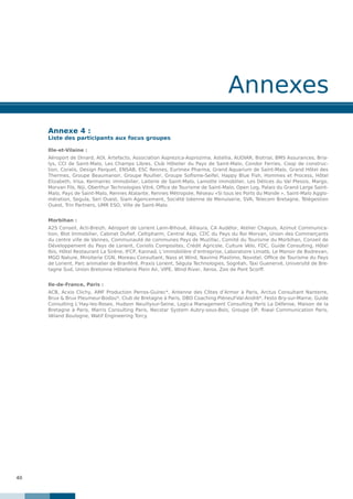 40
Annexes
Ille-et-Vilaine :
Aéroport de Dinard, AOI, Artefacto, Association Asprezica-Asprozima, Astellia, AUDIAR, Biotrial, BMS Assurances, Bria-
lys, CCI de Saint-Malo, Les Champs Libres, Club Hôtelier du Pays de Saint-Malo, Condor Ferries, Coop de construc-
tion, Coralis, Design Parquet, ENSAB, ESC Rennes, Eurimex Pharma, Grand Aquarium de Saint-Malo, Grand Hôtel des
Thermes, Groupe Beaumanoir, Groupe Roullier, Groupe Sofisme-Seifel, Happy Blue Fish, Hommes et Process, Hôtel
Elizabeth, Irisa, Kermarrec immobilier, Laiterie de Saint-Malo, Lamotte immobilier, Les Délices du Val Plessis, Margo,
Morvan Fils, Niji, Oberthur Technologies Vitré, Office de Tourisme de Saint-Malo, Open Log, Palais du Grand Large Saint-
Malo, Pays de Saint-Malo, Rennes Atalante, Rennes Métropole, Réseau «Si tous les Ports du Monde », Saint-Malo Agglo-
mération, Segula, Seri Ouest, Siam Agencement, Société Izéenne de Menuiserie, SVA, Telecom Bretagne, Télégestion
Ouest, Trin Partners, UMR ESO, Ville de Saint-Malo.
Morbihan :
A2S Conseil, Acti-Breizh, Aéroport de Lorient Lann-Bihoué, Alliaura, CA Audélor, Atelier Chapuis, Azimut Communica-
tion, Blot Immobilier, Cabinet Dufief, Celtipharm, Central Aspi, CDC du Pays du Roi Morvan, Union des Commerçants
du centre ville de Vannes, Communauté de communes Pays de Muzillac, Comité du Tourisme du Morbihan, Conseil de
Développement du Pays de Lorient, Coriolis Composites, Crédit Agricole, Culture Vélo, FDC, Guide Consulting, Hôtel
Ibis, Hôtel Restaurant La Sirène, IFCP, Kannad, L’immobilière d’entreprise, Laboratoire Limatb, Le Manoir de Bodrevan,
MGD Nature, Miroiterie CGN, Moreau Consultant, Nass et Wind, Navimo Plastimo, Novotel, Office de Tourisme du Pays
de Lorient, Parc animalier de Branféré, Praxis Lorient, Ségula Technologies, Sogréah, Taxi Guenervé, Université de Bre-
tagne Sud, Union Bretonne Hôtellerie Plein Air, VIPE, Wind River, Xerox, Zoo de Pont Scorff.
Ile-de-France, Paris :
ACB, Acxio Clichy, AMF Production Perros-Guirec*, Antenne des Côtes d’Armor à Paris, Arctus Consultant Nanterre,
Brux & Brux Pleumeur-Bodou*, Club de Bretagne à Paris, DBO Coaching Pléneuf-Val-André*, Festo Bry-sur-Marne, Guide
Consulting L’Hay-les-Roses, Hudson Neuillysur-Seine, Logica Management Consulting Paris La Défense, Maison de la
Bretagne à Paris, Marris Consulting Paris, Necstar System Aubry-sous-Bois, Groupe OP, Riwal Communication Paris,
Véland Boulogne, Watif Engineering Torcy.
Annexe 4 :
Liste des participants aux focus groupes
 