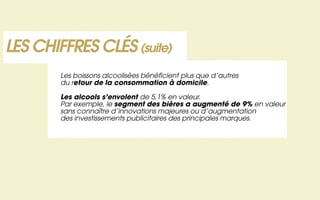 LES CHIFFRES CLÉS (suite)
        Les boissons alcoolisées bénéficient plus que d’autres
        du retour de la consommation à domicile.

        Les alcools s’envolent de 5,1% en valeur.
        Par exemple, le segment des bières a augmenté de 9% en valeur
        sans connaître d’innovations majeures ou d’augmentation
        des investissements publicitaires des principales marques.
 