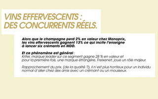 VINS EFFERVESCENTS :
DES CONCURRENTS RÉELS.
    Alors que le champagne perd 2% en valeur chez Monoprix,
    les vins effervescents gagnent 13% ce qui incite l’enseigne
    à lancer six crémants en MDD.

    Et ce phénomène est général :
    Kriter, marque leader sur ce segment gagne 28 % en valeur et
    pour la première fois, une marque étrangère, Freixenet, joue un rôle majeur.

    Rapprochement du prix, (de la qualité ?), il n’est plus honteux pour un individu
    normal d’aller chez des amis avec un crémant ou un mousseux.
 