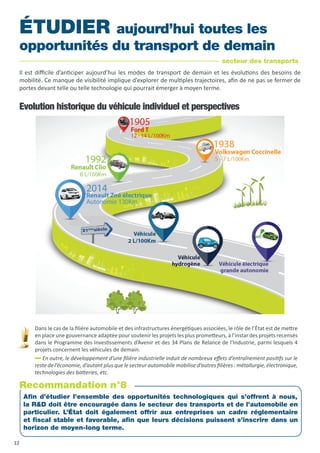Dans le cas de la filière automobile et des infrastructures énergétiques associées, le rôle de l’État est de mettre
en place une gouvernance adaptée pour soutenir les projets les plus prometteurs, à l’instar des projets recensés
dans le Programme des Investissements d’Avenir et des 34 Plans de Relance de l’Industrie, parmi lesquels 4
projets concernent les véhicules de demain.
En outre, le développement d’une filière industrielle induit de nombreux effets d’entraînement positifs sur le
reste de l’économie, d’autant plus que le secteur automobile mobilise d’autres filières : métallurgie, électronique,
technologies des batteries, etc.
ÉTUDIER aujourd’hui toutes les
opportunités du transport de demain
Il est difficile d’anticiper aujourd’hui les modes de transport de demain et les évolutions des besoins de
mobilité. Ce manque de visibilité implique d’explorer de multiples trajectoires, afin de ne pas se fermer de
portes devant telle ou telle technologie qui pourrait émerger à moyen terme.
Evolution historique du véhicule individuel et perspectives
secteur des transports
Afin d’étudier l’ensemble des opportunités technologiques qui s’offrent à nous,
la R&D doit être encouragée dans le secteur des transports et de l’automobile en
particulier. L’État doit également offrir aux entreprises un cadre réglementaire
et fiscal stable et favorable, afin que leurs décisions puissent s’inscrire dans un
horizon de moyen-long terme.
Recommandation n°8
12
 