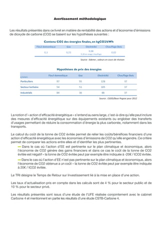 Avertissement méthodologique
Les résultats présentés dans ce livret en matière de rentabilité des actions et d’économie d’émissions
de dioxyde de carbone (CO2) se basent sur les hypothèses suivantes :
La notion d’« action d’efficacité énergétique » s’entend au sens large, c’est-à-dire qu’elle peut inclure
des mesures d’efficacité énergétique sur des équipements existants ou englober des transferts
d’usages permettant de réduire la consommation d’énergie la plus carbonée, notamment dans les
transports.
Le calcul du coût de la tonne de CO2 évitée permet de relier les coûts/bénéfices financiers d’une
action d’efficacité énergétique avec les économies d’émissions de CO2 qu’elle engendre. Ce critère
permet de comparer les actions entre elles et d’identifier les plus pertinentes.
Dans le cas où l’action d’EE est pertinente sur le plan climatique et économique, alors
l’économie de CO2 génère des gains financiers et dans ce cas le coût de la tonne de CO2
évitée est négatif – la tonne de CO2 évitée peut par exemple être indiquée à -20€ / tCO2 évitée.
Dans le cas où l’action d’EE n’est pas pertinente sur le plan climatique et économique, alors
l’économie de CO2 obtenue a un coût – la tonne de CO2 évitée peut par exemple être indiquée
à 20€ / tCO2 évitée.
Le TRI désigne le Temps de Retour sur Investissement lié à la mise en place d’une action.
Les taux d’actualisation pris en compte dans les calculs sont de 4 % pour le secteur public et de
10 % pour le secteur privé.
Les résultats présentés sont issus d’une étude de l’UFE réalisée conjointement avec le cabinet
Carbone 4 et mentionnent en partie les résultats d’une étude CSTB-Carbone 4.
Source : CGDD/Base Pegase pour 2012
Contenu CO2 des énergies finales, en kgCO2/kWh
Hypothèses de prix des énergies
Source : Ademe ; valeurs en cours de révision
 