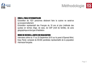 CIBLE & TAILLE D’ECHANTILLONEchantillon de 1021 personnes déclarant faire la cuisine ne serait-ce qu’occasionnellement.Echantillon représentatif des Français de 18 ans et plus (méthode des quotas) en termes d’âge, de sexe, de CSP (chef de famille), de zone géographique et de type d’habitation. MODE DE RECUEIL & DATES DU REALISATIONInterviews online du 17 au 23 Septembre 2010 sur le panel d’Opened Mind, Easy Panel, composé de 80.000 panélistes représentatifs de la population internaute française.Page 3Méthodologie