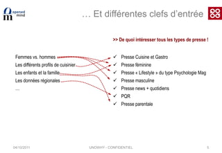 04/10/20115… Et différentes clefs d’entrée>> De quoi intéresser tous les types de presse !Presse Cuisine et Gastro