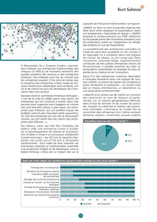 capacité de l’industrie traditionnelle à se rajeunir.
                                                             L’AWEX va dans ce sens lorsqu’elle organise des
                                                             after-work entre designers et exportateurs. Dans
                                                             son programme « Spécialiste en design », l’AWEX
                                                             propose le remboursement aux PME wallonnes
                                                             d’une grande partie des honoraires d’experts pour
                                                             les prestations axées sur l’adaptation du design
                                                             des produits en vue de l’exportation.
                                                             La compétitivité des entreprises culturelles et
                                                             créatives peut être accélérée en les incitant à
                                                             se regrouper et à coopérer dans une logique
                                                             de cluster, de réseau, ou de Living Lab. Dans
                                                             l’économie culturelle belge, majoritairement
                                                             constituée de très petites entreprises (moins de
A Manchester, les «  Creative Credits  » permet-             10  personnes), il semble essentiel de créer un
tent d’allouer aux entreprises traditionnelles des           écosystème rassemblant les énergies les plus en
chèques (4  000  £) de montants restreints afin              pointe de la création et de l’innovation.
qu’elles achètent des services à des entreprises
créatives. Ces chèques sont nés du constat que               Seuls 9  % des entreprises créatives répondant
les entreprises passant 2 fois plus de temps que             à l’enquête travaillent dans une logique de clus-
la moyenne des entreprises à faire usage de ser-             ters créatifs. La notion de cluster est complexe et
vices créatifs pour développer leurs produits, ont           porte facilement à contresens  : un cluster n’est
25 % de chance en plus de développer de l’inno-              pas un réseau d’entreprises, un laboratoire, ou
vation dans leur produit.                                    une association professionnelle.

Georges Dantine, architecte d’intérieur, témoigne :          L’objectif d’un cluster est de mettre en commun
« lors de la crise en 2008, parmi mes clients, les           des ressources au sein de réseaux et parte-
entreprises qui ont continué à investir dans mes             nariats, sur un espace géographique délimité,
services pour organiser leurs magasins et vitrines           dans le but de stimuler et de croiser les activi-
s’en sont très bien sorties, si pas mieux. Les entre-        tés, booster la créativité et réaliser des écono-
prises plus frileuses, qui ont préféré couper les            mies d’échelles. L’animateur du cluster fait se
budgets sont en plus mauvaise santé aujourd’hui.             rencontrer des entreprises d’un même secteur/
Ce sont les entreprises qui ont osé se renouveler/           domaine, experts, universités, pouvoir publics
innover, qui ont attiré tous les clients des entre-
prises plus frileuses… ».                                     Travaillez-vous au sein d’un cluster ?

Par ailleurs, selon Jan Van Mol, fondateur de
Addict LAB, une entreprise visant à accélé-                                           9%
rer le développement de talents et la produc-
tion d’idées à travers un processus collaboratif                                                       Oui
(crowd-sourcing), « les ICC ont la capacité d’ap-
porter une vision out of the box à l’économie                                                          Non
traditionnelle  : d’où l’idée de faire travailler les                          91 %
économies créatives et traditionnelles ensemble
à la production d’idées et de développer ainsi le
latéral thinking ». Elles ont un impact réel sur la


 Quel est votre degré de satisfaction quant à votre activité au sein d’un cluster ?

         Partage des connaissances
    Bénéfice de l'émulation interne
         Innovation/RD au travers
                     de partenariats
  Partage des outils de productions
 “Chasse en meute” sur les marchés
                          étrangers
  Partage  échange de ressources
                 humaines créatives
  Réalisation d’économies d’échelle
  Obtention de fonds/financements
                          communs
                                       0   10   20       30       40     50      60         70   80   90     100 %
                                                             Satisfait        Insatisfait




                                                        23
 