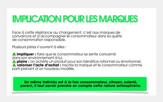 IMPLICATION POUR LES MARQUES
Face à cette résistance au changement, c’est aux marques de
convaincre et d’accompagner le consommateur dans sa quête
de consommation responsable.

Plusieurs pistes s’ouvrent à elles :

  impliquer : faire que le consommateur se sente concerné
dans son environnement à lui,
  plaire : on achète un produit pour son bénéfice rationnel ou émotionnel,
  valoriser l’acte d’achat : inscrire la marque et le consommateur comme
parti prenant d’un nouveau modèle.


       Un même individu est à la fois consommateur, citoyen, salarié,
     parent, il faut savoir prendre en compte cette nature schizophrène.
 