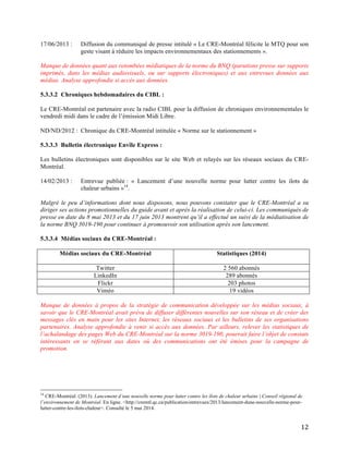   12	
  
17/06/2013 : Diffusion du communiqué de presse intitulé « Le CRE-Montréal félicite le MTQ pour son
geste visant à réduire les impacts environnementaux des stationnements ».
Manque de données quant aux retombées médiatiques de la norme du BNQ (parutions presse sur supports
imprimés, dans les médias audiovisuels, ou sur supports électroniques) et aux entrevues données aux
médias. Analyse approfondie si accès aux données.
5.3.3.2 Chroniques hebdomadaires du CIBL :
Le CRE-Montréal est partenaire avec la radio CIBL pour la diffusion de chroniques environnementales le
vendredi midi dans le cadre de l’émission Midi Libre.
ND/ND/2012 : Chronique du CRE-Montréal intitulée « Norme sur le stationnement »
5.3.3.3 Bulletin électronique Envîle Express :
Les bulletins électroniques sont disponibles sur le site Web et relayés sur les réseaux sociaux du CRE-
Montréal.
14/02/2013 : Entrevue publiée : « Lancement d’une nouvelle norme pour lutter contre les ilots de
chaleur urbains »14
.
Malgré le peu d’informations dont nous disposons, nous pouvons constater que le CRE-Montréal a su
diriger ses actions promotionnelles du guide avant et après la réalisation de celui-ci. Les communiqués de
presse en date du 8 mai 2013 et du 17 juin 2013 montrent qu’il a effectué un suivi de la médiatisation de
la norme BNQ 3019-190 pour continuer à promouvoir son utilisation après son lancement.
5.3.3.4 Médias sociaux du CRE-Montréal :
Médias sociaux du CRE-Montréal Statistiques (2014)
Twitter 2 560 abonnés
LinkedIn 289 abonnés
Flickr 203 photos
Viméo 19 vidéos
Manque de données à propos de la stratégie de communication développée sur les médias sociaux, à
savoir que le CRE-Montréal avait prévu de diffuser différentes nouvelles sur son réseau et de créer des
messages clés en main pour les sites Internet, les réseaux sociaux et les bulletins de ses organisations
partenaires. Analyse approfondie à venir si accès aux données. Par ailleurs, relever les statistiques de
l’achalandage des pages Web du CRE-Montréal sur la norme 3019-190, pourrait faire l’objet de constats
intéressants en se référant aux dates où des communications ont été émises pour la campagne de
promotion.
	
  	
  	
  	
  	
  	
  	
  	
  	
  	
  	
  	
  	
  	
  	
  	
  	
  	
  	
  	
  	
  	
  	
  	
  	
  	
  	
  	
  	
  	
  	
  	
  	
  	
  	
  	
  	
  	
  	
  	
  	
  	
  	
  	
  	
  	
  	
  	
  	
  	
  	
  	
  	
  	
  	
  	
  
14
CRE-Montréal. (2013). Lancement d’une nouvelle norme pour lutter contre les îlots de chaleur urbains | Conseil régional de
l’environnement de Montréal. En ligne. <http://cremtl.qc.ca/publication/entrevues/2013/lancement-dune-nouvelle-norme-pour-
lutter-contre-les-ilots-chaleur>. Consulté le 5 mai 2014.
 