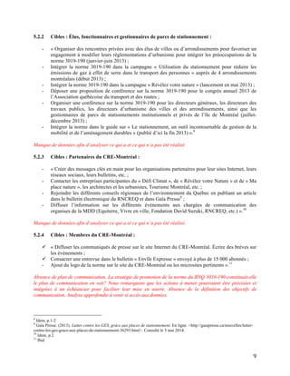   9	
  
5.2.2 Cibles : Élus, fonctionnaires et gestionnaires de parcs de stationnement :
- « Organiser des rencontres privées avec des élus de villes ou d’arrondissements pour favoriser un
engagement à modifier leurs réglementations d’urbanisme pour intégrer les préoccupations de la
norme 3019-190 (janvier-juin 2013) ;
- Intégrer la norme 3019-190 dans la campagne « Utilisation du stationnement pour réduire les
émissions de gaz à effet de serre dans le transport des personnes » auprès de 4 arrondissements
montréalais (début 2013) ;
- Intégrer la norme 3019-190 dans la campagne « Révélez votre nature » (lancement en mai 2013) ;
- Déposer une proposition de conférence sur la norme 3019-190 pour le congrès annuel 2013 de
l’Association québécoise du transport et des routes ;
- Organiser une conférence sur la norme 3019-190 pour les directeurs généraux, les directeurs des
travaux publics, les directeurs d’urbanisme des villes et des arrondissements, ainsi que les
gestionnaires de parcs de stationnements institutionnels et privés de l’île de Montréal (juillet-
décembre 2013) ;
- Intégrer la norme dans le guide sur « Le stationnement, un outil incontournable de gestion de la
mobilité et de l’aménagement durables » (publié d’ici la fin 2013) ».8
Manque de données afin d’analyser ce qui a et ce qui n’a pas été réalisé.
5.2.3 Cibles : Partenaires du CRE-Montréal :
- « Créer des messages clés en main pour les organisations partenaires pour leur sites Internet, leurs
réseaux sociaux, leurs bulletins, etc. ;
- Contacter les entreprises participantes du « Défi Climat », de « Révélez votre Nature » et de « Ma
place nature », les architectes et les urbanistes, Tourisme Montréal, etc. ;
- Rejoindre les différents conseils régionaux de l’environnement du Québec en publiant un article
dans le bulletin électronique du RNCREQ et dans Gaïa Presse9
;
- Diffuser l’information sur les différents événements aux chargées de communication des
organises de la MDD (Equiterre, Vivre en ville, Fondation David Suzuki, RNCREQ, etc.) ».10
Manque de données afin d’analyser ce qui a et ce qui n’a pas été réalisé.
5.2.4 Cibles : Membres du CRE-Montréal :
ü « Diffuser les communiqués de presse sur le site Internet du CRE-Montréal. Écrire des brèves sur
les événements ;
ü Consacrer une entrevue dans le bulletin « Envîle Expresse » envoyé à plus de 15 000 abonnés ;
- Ajout du logo de la norme sur le site du CRE-Montréal ou les microsites pertinents ».11
Absence de plan de communication. La stratégie de promotion de la norme du BNQ 3019-190 constituait-elle
le plan de communication en soit? Nous remarquons que les actions à mener pourraient être précisées et
intégrées à un échéancier pour faciliter leur mise en œuvre. Absence de la définition des objectifs de
communication. Analyse approfondie à venir si accès aux données.
	
  	
  	
  	
  	
  	
  	
  	
  	
  	
  	
  	
  	
  	
  	
  	
  	
  	
  	
  	
  	
  	
  	
  	
  	
  	
  	
  	
  	
  	
  	
  	
  	
  	
  	
  	
  	
  	
  	
  	
  	
  	
  	
  	
  	
  	
  	
  	
  	
  	
  	
  	
  	
  	
  	
  	
  
8
Idem, p.1-2	
  
9
Gaïa Presse. (2013). Lutter contre les GES, grâce aux places de stationnement. En ligne. <http://gaiapresse.ca/nouvelles/lutter-
contre-les-ges-grace-aux-places-de-stationnement-36293.html>. Consulté le 5 mai 2014.
10
Idem, p.2
11
Ibid
 