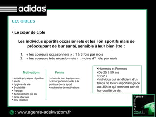 30 Octobre 07 @  : www.agence-adekwacom.fr LES CIBLES Le cœur de cible   Les individus sportifs occasionnels et les non sportifs mais se préoccupant de leur santé, sensible à leur bien être : « les coureurs occasionnels » : 1 à 3 fois par mois « les coureurs très occasionnels » : moins d’1 fois par mois Hommes et Femmes De 25 à 50 ans CSP + Individus qui bénéficient d’un temps de loisirs important grâce aux 35h et qui prennent soin de leur qualité de vie. Motivations Freins activité physique régulière santé hygiène de vie Sociabilité Partage dépassement de soi facile d’accès peu coûteux choix du bon équipement climat parfois hostile à la pratique de ce sport recherche de motivations 