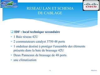 RESEAU LAN ET SCHEMA
                DE CABLAGE



 IDF : local technique secondaire
 1 Baie réseau 42U
 2 commutateurs catalyst 3750 48 ports
 1 onduleur destiné à protéger l'ensemble des éléments
 présents dans la baie de brassage 42U
 Deux Panneaux de brassage de 48 ports
 une climatisation

                            13                           18/02/2012
 