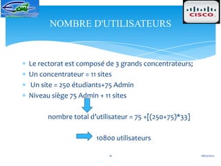 NOMBRE D'UTILISATEURS


Le rectorat est composé de 3 grands concentrateurs;
Un concentrateur = 11 sites
Un site = 250 étudiants+75 Admin
Niveau siège 75 Admin + 11 sites

     nombre total d’utilisateur = 75 +[(250+75)*33]

                    10800 utilisateurs

                        16                            18/02/2012
 