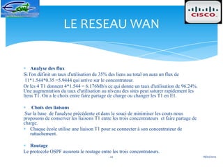 LE RESEAU WAN


    Analyse des flux
Si l'on définit un taux d'utilisation de 35% des liens au total on aura un flux de
 11*1.544*0.35 =5.9444 qui arrive sur le concentrateur.
Or les 4 T1 donnent 4*1.544 = 6.176Mb/s ce qui donne un taux d'utilisation de 96.24%.
Une augmentation du taux d'utilisation au niveau des sites peut saturer rapidement les
liens T1. On a le choix entre faire partage de charge ou changer les T1 en E1.

    Choix des liaisons
 Sur la base de l'analyse précédente et dans le souci de minimiser les couts nous
proposons de conserver les liaisons T1 entre les trois concentrateurs et faire partage de
charge.
   Chaque école utilise une liaison T1 pour se connecter à son concentrateur de
   rattachement.

   Routage
Le protocole OSPF assurera le routage entre les trois concentrateurs.
                                            22                                              18/02/2012
 