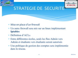STRATEGIE DE SECURITE


Mise en place d’un firewall
Un autre firewall sera mis sur un linux implémentant
Iptables
Définition d’ACLs
Entre différentes écoles, seuls les flux Admin vers
Admin et étudiants vers étudiants seront autorisés
Une politique de gestion des comptes sera implémentée
dans le réseau.
                         27                             18/02/2012
 