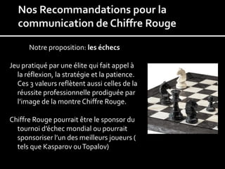 Notre proposition: les échecs

Jeu pratiqué par une élite qui fait appel à
  la réflexion, la stratégie et la patience.
  Ces 3 valeurs reflètent aussi celles de la
  réussite professionnelle prodiguée par
  l’image de la montre Chiffre Rouge.

Chiffre Rouge pourrait être le sponsor du
  tournoi d’échec mondial ou pourrait
  sponsoriser l’un des meilleurs joueurs (
  tels que Kasparov ou Topalov)
 