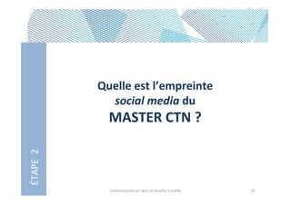Quelle est l’empreinte
social media du

ÉTAPE 2

MASTER CTN ?

Communautés en ligne et bouche à oreille

10

 