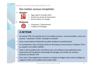 Quelle est l’empreinte social media du Master CTN ?

Des médias sociaux inexploités
• Google+
– Page créée le 3 octobre 2012
– Est dans les cercles de 4 personnes
– Aucun contenu sur la page

• Pinterest
– 14 abonnés, 7 abonnements
– 1 tableau et 4 épingles

À RETENIR
•

Le master CTN s’est positionné sur les médias sociaux « incontournables » pour son
secteur : Facebook, Twitter, Youtube et LinkedIn

•

Ceux-ci permettent d’atteindre le public étudiant et professionnel

•

En comparaison avec certaines Écoles et formations concurrentes, le Master CTN a
su acquérir une solide visibilité

•

Celle-ci doit toutefois être entretenue avec une fréquence de publication plus
importante afin de générer davantage de partages, de viralité, du contenu
émanant du Master CTN

•

Pour cela, il faut également prendre en compte et intégrer dans cette stratégie les
supports créés et accessibles mais laissés vides
Communautés en ligne et bouche à oreille

17

 