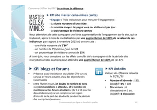 Comment chiffrer les KPI ? Les valeurs de référence

KPI site master-celsa-mines (suite)
• Engager : Trois indicateurs pour mesurer l’engagement :
- La durée moyenne d’une visite
- Le nombre moyen de pages vues par visiteur et par jour
- Le pourcentage de visiteurs connus
Nous attendons de cette campagne une forte augmentation de l’engagement sur le site, qui se
traduirait, après 1 mois de médiatisation par une augmentation de 100% de la valeur de ces
indicateurs par rapport à novembre 2013 où on constate :
- une visite moyenne de 2’16’’
- un nombre de PV/visiteur/jour de 1,9
- un pourcentage de visiteurs connus de 23%
A la mi-juin, nous comptons sur les effets cumulés de la campagne et de la période des
inscriptions et des examens pour atteindre une augmentation de 150% de ces KPI.

KPI blogs et forums
•

•

Présence quasi-inexistante du Master CTN sur ces
canaux à l’heure actuelle, d’où des objectifs très
raisonnables
Entre février et juin, on double le nombre de liens
« recommandations » attendus, et le nombre de
mentions sur les forums étudiants, (de 5 à 10 pour les
deux indicateurs) car on compte sur un regain
d’intérêt de la part des étudiants pendant la période
des inscriptions/examens.
Communautés en ligne et bouche à oreille

KPI LinkedIn
Valeurs de référence relevées
le 17/11/13
• Nombre d’abonnés : 180,
objectif +5% = 189
• Discussions : 4
discussions en 1 an,
objectif +1 discussion
45

 
