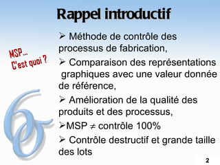 Rappel introductif
                  Méthode de contrôle des
                 processus de fabrication,
MSP…
 C’es t quoi ?    Comparaison des représentations
                 graphiques avec une valeur donnée
                 de référence,
                  Amélioration de la qualité des
                 produits et des processus,
                 MSP ≠ contrôle 100%
                  Contrôle destructif et grande taille
                 des lots
                                                    2
 