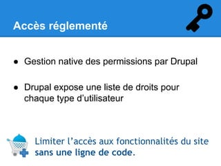 Accès réglementé
● Gestion native des permissions par Drupal
● Drupal expose une liste de droits pour
chaque type d’utilisateur

Limiter l’accès aux fonctionnalités du site
sans une ligne de code.

 