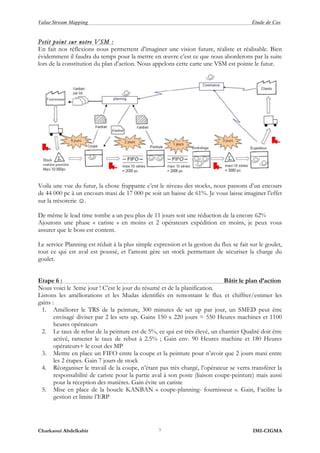 Value Stream Mapping Etude de Cas
Charkaoui Abdelkabir IMI-CIGMA7
Petit point sur notre VSM :
En fait nos réflexions nous permettent d’imaginer une vision future, réaliste et réalisable. Bien
évidemment il faudra du temps pour la mettre en œuvre c’est ce que nous aborderons par la suite
lors de la constitution du plan d’action. Nous appelons cette carte une VSM est pointe le futur.
Voila une vue du futur, la chose frappante c’est le niveau des stocks, nous passons d’un encours
de 44 000 pc à un encours maxi de 17 000 pc soit un baisse de 61%. Je vous laisse imaginer l’effet
sur la trésorerie ☺.
De même le lead time tombe a un peu plus de 11 jours soit une réduction de la encore 62%
Ajoutons une phase « cariste » en moins et 2 opérateurs expédition en moins, je peux vous
assurer que le boss est content.
Le service Planning est réduit à la plus simple expression et la gestion du flux se fait sur le goulet,
tout ce qui est aval est poussé, et l’amont gère un stock permettant de sécuriser la charge du
goulet.
Etape 6 : Bâtir le plan d’action
Nous voici le 3eme jour ! C’est le jour du résumé et de la planification.
Listons les améliorations et les Mudas identifiés en remontant le flux et chiffrer/estimer les
gains :
1. Améliorer le TRS de la peinture, 300 minutes de set up par jour, un SMED peut être
envisagé diviser par 2 les sets up. Gains 150 x 220 jours = 550 Heures machines et 1100
heures opérateurs
2. Le taux de rebut de la peinture est de 5%, ce qui est très élevé, un chantier Qualité doit être
activé, ramener le taux de rebut à 2.5% ; Gain env. 90 Heures machine et 180 Heures
opérateurs+ le cout des MP
3. Mettre en place un FIFO entre la coupe et la peinture pour n’avoir que 2 jours maxi entre
les 2 étapes. Gain 7 jours de stock
4. Réorganiser le travail de la coupe, n’étant pas très chargé, l’opérateur se verra transférer la
responsabilité de cariste pour la partie aval à son poste (liaison coupe-peinture) mais aussi
pour la réception des matières. Gain évite un cariste
5. Mise en place de la boucle KANBAN « coupe-planning- fournisseur ». Gain, Facilite la
gestion et limite l’ERP
 