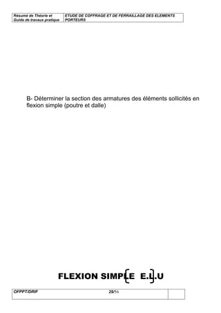 Résumé de Théorie et
Guide de travaux pratique
ETUDE DE COFFRAGE ET DE FERRAILLAGE DES ELEMENTS
PORTEURS
OFPPT/DRIF 29/56
B- Déterminer la section des armatures des éléments sollicités en
flexion simple (poutre et dalle)
FLEXION SIMPLE E.L.U
 