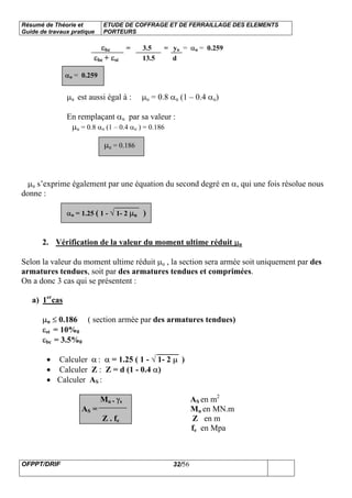 Résumé de Théorie et
Guide de travaux pratique
ETUDE DE COFFRAGE ET DE FERRAILLAGE DES ELEMENTS
PORTEURS
OFPPT/DRIF 32/56
εbc = 3.5 = yu = αu = 0.259
εbc + εst 13.5 d
αu = 0.259
µu est aussi égal à : µu = 0.8 αu (1 – 0.4 αu)
En remplaçant αu par sa valeur :
µu = 0.8 αu (1 – 0.4 αu ) = 0.186
µu = 0.186
µu s’exprime également par une équation du second degré en α, qui une fois résolue nous
donne :
αu = 1.25 ( 1 - √ 1- 2 µu )
2. Vérification de la valeur du moment ultime réduit µu
Selon la valeur du moment ultime réduit µu , la section sera armée soit uniquement par des
armatures tendues, soit par des armatures tendues et comprimées.
On a donc 3 cas qui se présentent :
a) 1er
cas
µu ≤ 0.186 ( section armée par des armatures tendues)
εst = 10%0
εbc = 3.5%0
• Calculer α : α = 1.25 ( 1 - √ 1- 2 µ )
• Calculer Z : Z = d (1 - 0.4 α)
• Calculer AS :
Mu . γs AS en m2
AS = Mu en MN.m
Z . fe Z en m
fe en Mpa
 