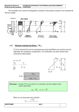 Résumé de Théorie et
Guide de travaux pratique
ETUDE DE COFFRAGE ET DE FERRAILLAGE DES ELEMENTS
PORTEURS
OFPPT/DRIF 42/56
On considère une section rectangulaire courante d’une poutre soumise à un moment de
flexion simple .
a.1) Moment résistant du béton : Mrsb
C’est le moment de service maximum que peut équilibrer une section sans lui
adjoindre des armatures comprimées. Les matériaux ont alors atteint leurs
contraintes admissibles.
σbc
α = y1 / d y1
σbc y1
= d
σst d – y1 d – y1
n
σst /n
nσbc
d’où α =
nσbc + σst
Remarque : Lorsque l’E.L.S est atteint. Les contraintes sont alors égales à leurs
valeurs admissibles.
σbc = σbc et σst = σst
Dans ce cas nous pouvons calculer :
n σbc
α =
 