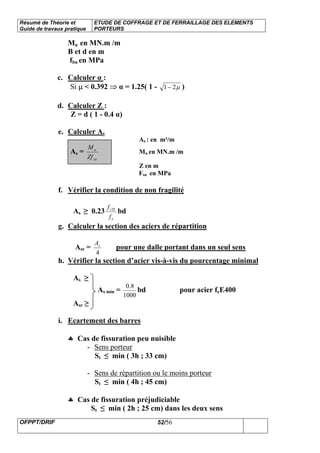 Résumé de Théorie et
Guide de travaux pratique
ETUDE DE COFFRAGE ET DE FERRAILLAGE DES ELEMENTS
PORTEURS
OFPPT/DRIF 52/56
Mu en MN.m /m
B et d en m
fbu en MPa
c. Calculer α :
Si µ < 0.392 ⇒ α = 1.25( 1 - µ21− )
d. Calculer Z :
Z = d ( 1 - 0.4 α)
e. Calculer As
As : en m²/m
As =
su
u
Zf
M
Mu en MN.m /m
Z en m
Fsu en MPa
f. Vérifier la condition de non fragilité
As ≥ 0.23
e
t
f
f 28
bd
g. Calculer la section des aciers de répartition
Asr =
4
sA
pour une dalle portant dans un seul sens
h. Vérifier la section d’acier vis-à-vis du pourcentage minimal
As ≥
As min =
1000
8.0
bd pour acier feE400
Asr ≥
i. Ecartement des barres
♣ Cas de fissuration peu nuisible
- Sens porteur
St ≤ min ( 3h ; 33 cm)
- Sens de répartition ou le moins porteur
St ≤ min ( 4h ; 45 cm)
♣ Cas de fissuration préjudiciable
St ≤ min ( 2h ; 25 cm) dans les deux sens
 