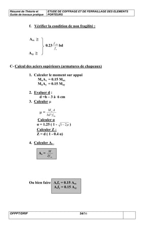 Résumé de Théorie et
Guide de travaux pratique
ETUDE DE COFFRAGE ET DE FERRAILLAGE DES ELEMENTS
PORTEURS
OFPPT/DRIF 54/56
f. Vérifier la condition de non fragilité :
Asx ≥
0.23
e
t
f
f 28
bd
Asy ≥
C- Calcul des aciers supérieurs (armatures de chapeaux)
1. Calculer le moment sur appui
MuAx = 0.15 Mux
MuAy = 0.15 Muy
2. Evaluer d :
d =h – 3 à 6 cm
3. Calculer µ
µ =
bu
u
fbd
AM
²
Calculer α
α = 1.25 ( 1 - µ21− )
Calculer Z :
Z = d ( 1 - 0.4 α)
4. Calculer As :
As =
suZf
M
Ou bien faire Asfx = 0.15 Asx
Asfy = 0.15 Asy
 