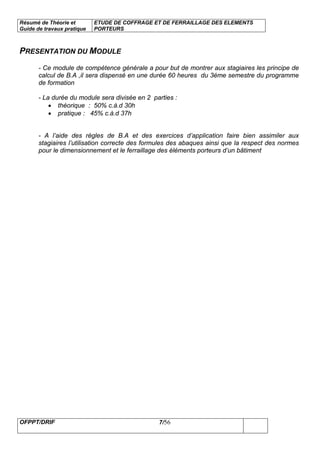 Résumé de Théorie et
Guide de travaux pratique
ETUDE DE COFFRAGE ET DE FERRAILLAGE DES ELEMENTS
PORTEURS
OFPPT/DRIF 7/56
PRESENTATION DU MODULE
- Ce module de compétence générale a pour but de montrer aux stagiaires les principe de
calcul de B.A ,il sera dispensé en une durée 60 heures du 3éme semestre du programme
de formation
- La durée du module sera divisée en 2 parties :
• théorique : 50% c.à.d 30h
• pratique : 45% c.à.d 37h
- A l’aide des règles de B.A et des exercices d’application faire bien assimiler aux
stagiaires l’utilisation correcte des formules des abaques ainsi que la respect des normes
pour le dimensionnement et le ferraillage des éléments porteurs d’un bâtiment
 
