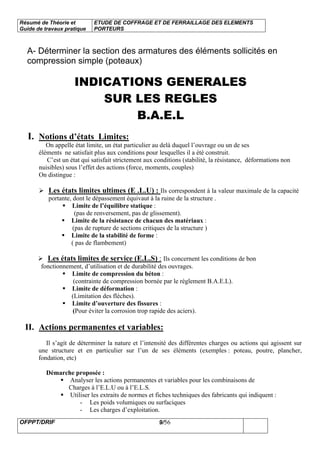 Résumé de Théorie et
Guide de travaux pratique
ETUDE DE COFFRAGE ET DE FERRAILLAGE DES ELEMENTS
PORTEURS
OFPPT/DRIF 9/56
A- Déterminer la section des armatures des éléments sollicités en
compression simple (poteaux)
INDICATIONS GENERALES
SUR LES REGLES
B.A.E.L
I. Notions d’états Limites:
On appelle état limite, un état particulier au delà duquel l’ouvrage ou un de ses
éléments ne satisfait plus aux conditions pour lesquelles il a étè construit.
C’est un état qui satisfait strictement aux conditions (stabilité, la résistance, déformations non
nuisibles) sous l’effet des actions (force, moments, couples)
On distingue :
Les états limites ultimes (E .L.U) : Ils correspondent à la valeur maximale de la capacité
portante, dont le dépassement équivaut à la ruine de la structure .
Limite de l’équilibre statique :
(pas de renversement, pas de glissement).
Limite de la résistance de chacun des matériaux :
(pas de rupture de sections critiques de la structure )
Limite de la stabilité de forme :
( pas de flambement)
Les états limites de service (E.L.S) : Ils concernent les conditions de bon
fonctionnement, d’utilisation et de durabilité des ouvrages.
Limite de compression du béton :
(contrainte de compression bornée par le règlement B.A.E.L).
Limite de déformation :
(Limitation des flèches).
Limite d’ouverture des fissures :
(Pour éviter la corrosion trop rapide des aciers).
II. Actions permanentes et variables:
Il s’agit de déterminer la nature et l’intensité des différentes charges ou actions qui agissent sur
une structure et en particulier sur l’un de ses éléments (exemples : poteau, poutre, plancher,
fondation, etc)
Démarche proposée :
Analyser les actions permanentes et variables pour les combinaisons de
Charges à l’E.L.U ou à l’E.L.S.
Utiliser les extraits de normes et fiches techniques des fabricants qui indiquent :
- Les poids volumiques ou surfaciques
- Les charges d’exploitation.
 