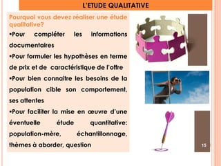 L’ETUDE QUALITATIVE 
Pourquoi vous devez réaliser une étude 
qualitative? 
Pour compléter les informations 
documentaires 
Pour formuler les hypothèses en terme 
de prix et de caractéristique de l’offre 
Pour bien connaitre les besoins de la 
population cible son comportement, 
ses attentes 
Pour faciliter la mise en oeuvre d’une 
éventuelle étude quantitative: 
population-mère, échantillonnage, 
thèmes à aborder, question 15 
 