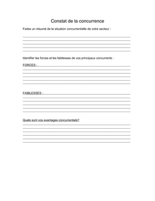 Constat de la concurrence
Faites un résumé de la situation concurrentielle de votre secteur :




Identifier les forces et les faiblesses de vos principaux concurrents :

FORCES :




FAIBLESSES :




Quels sont vos avantages concurrentiels?
 