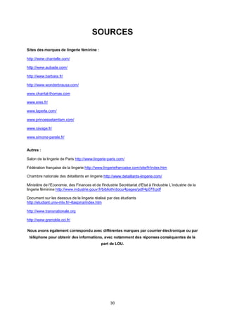 SOURCES
Sites des marques de lingerie féminine :

http://www.chantelle.com/

http://www.aubade.com/

http://www.barbara.fr/

http://www.wonderbrausa.com/

www.chantal-thomas.com

www.eres.fr/

www.laperla.com/

www.princessetamtam.com/

www.ravage.fr/

www.simone-perele.fr/


Autres :

Salon de la lingerie de Paris http://www.lingerie-paris.com/

Fédération française de la lingerie http://www.lingeriefrancaise.com/site/fr/index.htm

Chambre nationale des détaillants en lingerie http://www.detaillants-lingerie.com/

Ministère de l'Economie, des Finances et de l'Industrie Secrétariat d'Etat à l'Industrie L’industrie de la
lingerie féminine http://www.industrie.gouv.fr/biblioth/docu/4pages/pdf/4p078.pdf

Document sur les dessous de la lingerie réalisé par des étudiants
http://etudiant.univ-mlv.fr/~llaspina/index.htm

http://www.transnationale.org

http://www.grenoble.cci.fr/

Nous avons également correspondu avec différentes marques par courrier électronique ou par
 téléphone pour obtenir des informations, avec notamment des réponses conséquentes de la
                                              part de LOU.




                                                    30
 