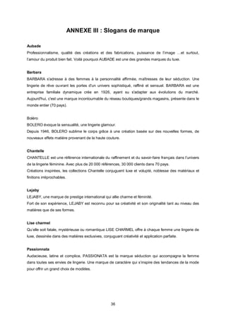 ANNEXE III : Slogans de marque

Aubade
Professionnalisme, qualité des créations et des fabrications, puissance de l’image …et surtout,
l’amour du produit bien fait. Voilà pourquoi AUBADE est une des grandes marques du luxe.


Barbara
BARBARA s'adresse à des femmes à la personnalité affirmée, maîtresses de leur séduction. Une
lingerie de rêve ouvrant les portes d'un univers sophistiqué, raffiné et sensuel. BARBARA est une
entreprise familiale dynamique crée en 1926, ayant su s'adapter aux évolutions du marché.
Aujourd'hui, c'est une marque incontournable du réseau boutiques/grands magasins, présente dans le
monde entier (70 pays).


Boléro
BOLERO évoque la sensualité, une lingerie glamour.
Depuis 1946, BOLERO sublime le corps grâce à une création basée sur des nouvelles formes, de
nouveaux effets matière provenant de la haute couture.


Chantelle
CHANTELLE est une référence internationale du raffinement et du savoir-faire français dans l’univers
de la lingerie féminine. Avec plus de 20 000 références, 30 000 clients dans 70 pays.
Créations inspirées, les collections Chantelle conjuguent luxe et volupté, noblesse des matériaux et
finitions irréprochables.


Lejaby
LEJABY, une marque de prestige international qui allie charme et féminité.
Fort de son expérience, LEJABY est reconnu pour sa créativité et son originalité tant au niveau des
matières que de ses formes.


Lise charmel
Qu’elle soit fatale, mystérieuse ou romantique LISE CHARMEL offre à chaque femme une lingerie de
luxe, dessinée dans des matières exclusives, conjuguant créativité et application parfaite.


Passionnata
Audacieuse, latine et complice, PASSIONATA est la marque séduction qui accompagne la femme
dans toutes ses envies de lingerie. Une marque de caractère qui s’inspire des tendances de la mode
pour offrir un grand choix de modèles.




                                                  36
 