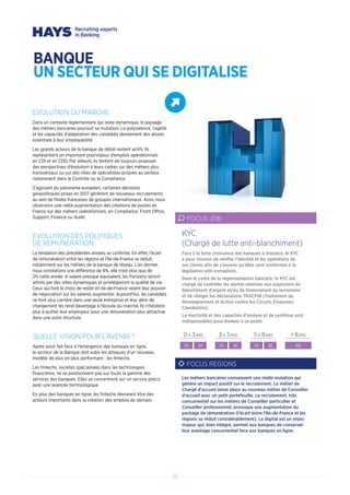 BANQUE
UN SECTEUR QUI SE DIGITALISE
EVOLUTION DU MARCHE
Dans un contexte réglementaire qui reste dynamique, le paysage
des métiers bancaires poursuit sa mutation. La polyvalence, l’agilité
et les capacités d’adaptation des candidats deviennent des atouts
essentiels à leur employabilité.
Les grands acteurs de la banque de détail restent actifs. Ils
représentent un important pourvoyeur d’emplois opérationnels
en CDI et en CDD. Par ailleurs, ils tentent de toujours proposer
des perspectives d’évolution à leurs cadres sur des métiers plus
transversaux ou sur des rôles de spécialistes propres au secteur,
notamment dans le Contrôle ou la Compliance.
S’agissant du panorama européen, certaines décisions
géopolitiques prises en 2017 génèrent de nouveaux recrutements
au sein de filiales françaises de groupes internationaux. Ainsi, nous
observons une nette augmentation des créations de postes en
France sur des métiers opérationnels, en Compliance, Front Office,
Support, Finance ou Audit.
EVOLUTION DES POLITIQUES
DE REMUNERATION
La tendance des précédentes années se confirme. En effet, l’écart
de rémunération entre les régions et l’Ile-de-France se réduit,
notamment sur les métiers de la banque de réseau. L’an dernier,
nous constations une différence de 8%, elle n’est plus que de
2% cette année. A salaire presque équivalent, les Parisiens seront
attirés par des villes dynamiques et privilégieront la qualité de vie.
Ceux qui font le choix de rester en Ile-de-France voient leur pouvoir
de négociation sur les salaires augmenter. Aujourd’hui, les candidats
ne font plus carrière dans une seule entreprise et leur désir de
changement les rend davantage à l’écoute du marché. Ils n’hésitent
plus à quitter leur employeur pour une rémunération plus attractive
dans une autre structure.
QUELLE VISION POUR L’AVENIR ?
Après avoir fait face à l’émergence des banques en ligne,
le secteur de la Banque doit subir les attaques d’un nouveau
modèle de plus en plus performant : les fintechs.
Les fintechs, sociétés spécialisées dans les technologies
financières, ne se positionnent pas sur toute la gamme des
services des banques. Elles se concentrent sur un service précis
avec une avancée technologique.
En plus des banques en ligne, les fintechs devraient être des
acteurs importants dans la création des emplois de demain.
Face à la forte croissance des banques à distance, le KYC
a pour mission de vérifier l’identité et les opérations de
ses clients afin de s’assurer qu’elles sont conformes à la
législation anti-corruption.
Dans le cadre de la réglementation bancaire, le KYC est
chargé de contrôler les alertes relatives aux suspicions de
blanchiment d’argent et/ou de financement du terrorisme
et de rédiger les déclarations TRACFIN (Traitement du
Renseignement et Action contre les Circuits Financiers
Clandestins).
La réactivité et des capacités d’analyse et de synthèse sont
indispensables pour évoluer à ce poste.
KYC
(Chargé de lutte anti-blanchiment)
FOCUS JOB
0 A 3ANS 3 A 5ANS 5 A 8ANS  8ANS
30 34 34 36 36 38 NS
Les métiers bancaires connaissent une réelle mutation qui
génère un impact positif sur le recrutement. Le métier de
Chargé d’accueil laisse place au nouveau métier de Conseiller
d’accueil avec un petit portefeuille. Le recrutement, très
concurrentiel sur les métiers de Conseiller particulier et
Conseiller professionnel, provoque une augmentation du
package de rémunération (l’écart entre l’Ile-de-France et les
régions se réduit considérablement). Le digital est un enjeu
majeur qui, bien intégré, permet aux banques de conserver
leur avantage concurrentiel face aux banques en ligne.
22
FOCUS REGIONS
 