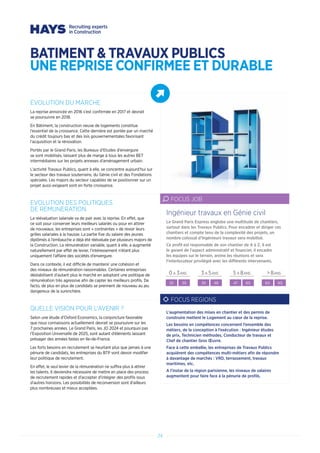 BATIMENT  TRAVAUX PUBLICS
UNE REPRISE CONFIRMEE ET DURABLE
EVOLUTION DU MARCHE
La reprise annoncée en 2016 s’est confirmée en 2017 et devrait
se poursuivre en 2018.
En Bâtiment, la construction neuve de logements constitue
l’essentiel de la croissance. Cette dernière est portée par un marché
du crédit toujours bas et des lois gouvernementales favorisant
l’acquisition et la rénovation.
Portés par le Grand Paris, les Bureaux d’Etudes d’envergure
se sont mobilisés, laissant plus de marge à tous les autres BET
intermédiaires sur les projets annexes d’aménagement urbain.
L’activité Travaux Publics, quant à elle, se concentre aujourd’hui sur
le secteur des travaux souterrains, du Génie civil et des Fondations
spéciales. Les majors du secteur capables de se positionner sur un
projet aussi exigeant sont en forte croissance.
EVOLUTION DES POLITIQUES
DE REMUNERATION
La réévaluation salariale va de pair avec la reprise. En effet, que
ce soit pour conserver leurs meilleurs salariés ou pour en attirer
de nouveaux, les entreprises sont « contraintes » de revoir leurs
grilles salariales à la hausse. La partie fixe du salaire des jeunes
diplômés à l’embauche a déjà été réévaluée par plusieurs majors de
la Construction. La rémunération variable, quant à elle, a augmenté
naturellement par effet de levier, l’intéressement n’étant plus
uniquement l’affaire des sociétés d’envergure.
Dans ce contexte, il est difficile de maintenir une cohésion et
des niveaux de rémunération raisonnables. Certaines entreprises
déstabilisent d’autant plus le marché en adoptant une politique de
rémunération très agressive afin de capter les meilleurs profils. De
facto, de plus en plus de candidats se prennent de nouveau au jeu
dangereux de la surenchère.
QUELLE VISION POUR L’AVENIR ?
Selon une étude d’Oxford Economics, la conjoncture favorable
que nous connaissons actuellement devrait se poursuivre sur les
7 prochaines années. Le Grand Paris, les JO 2024 et pourquoi pas
l’Exposition Universelle de 2025, sont autant d’éléments laissant
présager des années fastes en Ile-de-France.
Les forts besoins en recrutement se heurtant plus que jamais à une
pénurie de candidats, les entreprises du BTP vont devoir modifier
leur politique de recrutement.
En effet, le seul levier de la rémunération ne suffira plus à attirer
les talents. Il deviendra nécessaire de mettre en place des process
de recrutement rapides et d’accepter d’intégrer des profils issus
d’autres horizons. Les possibilités de reconversion sont d’ailleurs
plus nombreuses et mieux acceptées.
Le Grand Paris Express englobe une multitude de chantiers,
surtout dans les Travaux Publics. Pour encadrer et diriger ces
chantiers et compte tenu de la complexité des projets, un
nombre colossal d’Ingénieurs travaux sera mobilisé.
Ce profil est responsable de son chantier de A à Z. Il est
le garant de l’aspect administratif et financier, il encadre
les équipes sur le terrain, anime les réunions et sera
l’interlocuteur privilégié avec les différents intervenants.
Ingénieur travaux en Génie civil
FOCUS JOB
0 A 3ANS 3 A 5ANS 5 A 8ANS  8ANS
35 39 39 48 47 60 60 NS
FOCUS REGIONS
L’augmentation des mises en chantier et des permis de
construire mettent le Logement au cœur de la reprise.
Les besoins en compétences concernent l’ensemble des
métiers, de la conception à l’exécution : Ingénieur études
de prix, Technicien méthodes, Conducteur de travaux et
Chef de chantier Gros Œuvre.
Face à cette embellie, les entreprises de Travaux Publics
acquièrent des compétences multi-métiers afin de répondre
à davantage de marchés : VRD, terrassement, travaux
maritimes, etc.
A l’instar de la région parisienne, les niveaux de salaires
augmentent pour faire face à la pénurie de profils.
24
 