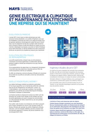 36
EVOLUTION DU MARCHE
L’année 2017 s’inscrit dans la même dynamique que celle
amorcée l’année précédente. Les sociétés d’Ingénierie ainsi que
les Installateurs continuent de surfer sur la vague de projets issus
de grandes opérations d’aménagement urbain tels que le Grand
Paris, tout en préparant l’arrivée des JO 2024. Cette activité en
forte croissance impacte la taille des effectifs et chaque structure
cherche à développer ses équipes, aussi bien en Génie Climatique
qu’en Génie Electrique. Ce dernier bénéficie de cette conjoncture,
porté par une pénurie de compétences toujours plus importante.
EVOLUTION DES POLITIQUES
DE REMUNERATION
Les profils expérimentés se faisant rares, les rémunérations
connaissent une hausse significative. Ce phénomène devrait
perdurer malgré la volonté des entreprises de ne pas chercher
à surenchérir.
Si les augmentations de salaire liées à un changement d’employeur
s’inscrivent dans des proportions mesurées (environ 10%), les
contre-propositions internes se multiplient.
En effet, les entreprises comme les Bureaux d’Etudes ont conscience
de la rareté de ces profils et sont prêts à revoir leur rémunération
à la hausse.
QUELLE VISION POUR L’AVENIR ?
Les métiers techniques méritent une attention particulière.
Si l’on trouve aujourd’hui sur le marché des profils très confirmés
(plus de 20 ans d’expérience), les profils dits « juniors » et
« intermédiaires » sont encore peu nombreux. Les nouvelles
générations, peu attirées par le Génie Electrique  Climatique,
contribuent à expliquer ce phénomène.
Les facteurs pointés du doigt par les acteurs du métier sont des
évolutions de carrière moins rapides et plus limitées que pour
les profils généralistes ainsi que le manque de communication
sur cette typologie de métier, notamment au sein des grandes
écoles d’Ingénieurs.
Pour pallier cette situation, les entreprises vont devoir assouplir
leurs niveaux d’exigence et s’ouvrir à de nouveaux profils. En
Bureau d’Etudes par exemple, les profils d’Ingénieurs d’études
exécution, voire de Chargés d’affaires, peuvent constituer des
recrutements gagnants à condition de pouvoir bénéficier d’un
accompagnement initial.
Ce profil est la pierre angulaire de l’activité d’une entreprise.
En effet, son rôle est crucial dans l’acquisition de nouveaux
projets. Il intervient en amont des chantiers, prend en charge
la réponse aux appels d’offres, réalise les devis, effectue les
consultations fournisseurs et analyse les pièces contractuelles.
Véritable référent, le Chargé d’affaires et lui, participent aux
soutenances commerciales auprès de la Maîtrise d’Œuvre.
Une passerelle existe entre les activités Etudes de prix et
Travaux, ce qui intensifie davantage la pénurie sur les profils
issus du premier secteur.
Ingénieur études de prix CET
FOCUS JOB
0 A 3ANS 3 A 5ANS 5 A 8ANS  8ANS
35 40 40 45 45 50 50 60
FOCUS REGIONS
L’activité en France varie beaucoup selon les régions.
Certains bassins d’emploi connaissent une vraie dynamique
liée aux investissements publics en infrastructures de transport
ou en construction. Nous pouvons citer l’exemple de Lyon avec
l’essor du quartier de la Confluence ou la ligne TGV Lyon/Turin.
Certaines régions bénéficient également d’une dynamique
grâce au tourisme, comme la Côte-d’Azur ou l’Arc alpin. On y
voit beaucoup de constructions ou de rénovations de villas, de
villages de vacances ou d’hôtels.
GENIE ELECTRIQUE  CLIMATIQUE
ET MAINTENANCE MULTITECHNIQUE
UNE REPRISE QUI SE MAINTIENT
 