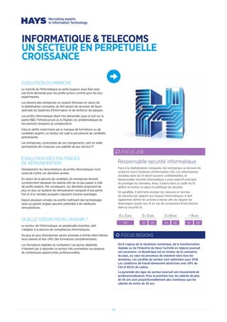 INFORMATIQUE  TELECOMS
UN SECTEUR EN PERPETUELLE
CROISSANCE
EVOLUTION DU MARCHE
Le marché de l’Informatique se porte toujours aussi bien avec
une forte demande pour les profils juniors comme pour les plus
expérimentés.
Les besoins des entreprises ne cessent d’évoluer en raison de
la digitalisation croissante, du fort besoin de sécuriser de façon
optimale les Systèmes d’Information et de renforcer les équipes.
Les profils informatiques étant très demandés (que ce soit sur la
partie RD, l’Infrastructure ou le Digital), les problématiques de
recrutement d’experts se complexifient.
Cela se vérifie notamment par le manque de formations ou de
candidats experts. Le secteur est sujet à une pénurie de candidats
grandissante.
Les entreprises, conscientes de ces changements, sont en veille
permanente afin d’assurer une stabilité de leur service IT.
EVOLUTION DES POLITIQUES
DE REMUNERATION
Globalement, les rémunérations de profils informatiques n’ont
cessé de croître ces dernières années.
En raison de la pénurie de candidats, les entreprises doivent
constamment réévaluer les salaires afin de ne pas passer à côté
de profils experts. Par conséquent, ces dernières proposent de
plus en plus un système de rémunération composé d’une partie
fixe et d’un variable auxquels s’ajoutent d’autres avantages.
Depuis plusieurs années, les profils maîtrisant des technologies
rares ou parlant anglais peuvent prétendre à de meilleures
rémunérations.
QUELLE VISION POUR L’AVENIR ?
Le secteur de l’Informatique, en perpétuelle évolution, doit
s’adapter à la pénurie de compétences informatiques.
De plus en plus d’entreprises seront amenées à former elles-mêmes
leurs salariés et leur offrir des formations complémentaires.
Les formations digitales se multiplient. Les jeunes diplômés
n’hésitent pas à rejoindre ce secteur très prometteur qui propose
de nombreuses opportunités professionnelles.
Face à la digitalisation croissante, les entreprises se doivent de
renforcer leurs Systèmes d’Information (SI). Les informations
stockées dans les SI étant souvent confidentielles, le
Responsable sécurité informatique a pour objectif principal
de protéger les données. Ainsi, il devra faire un audit du SI,
définir et mettre en place la politique de sécurité.
En parallèle, il doit faire évoluer les mesures et normes
de sécurité par rapport aux risques informatiques. Il doit
également définir les actions à mener afin de réparer les
dommages causés aux SI en cas de survenance d’une brèche
dans la sécurité SI.
Responsable sécurité informatique
FOCUS JOB
0 A 3ANS 3 A 5ANS 5 A 8ANS  8ANS
NS 45 65 65 85 95 130
FOCUS REGIONS
Qu’il s’agisse de la révolution numérique, de la transformation
digitale ou de l’Industrie du futur, l’activité en régions poursuit
son ascension. Le Numérique est un moteur de la croissance
du pays, au cœur du processus de mutation dans tous les
domaines. Les sociétés du secteur sont optimistes pour 2018.
Les conditions de travail demeurent attractives avec 94% de
CDI et 69,1% de cadres.
La pyramide des âges du secteur poursuit son mouvement de
professionnalisation. Pour la première fois, les salariés de plus
de 45 ans sont proportionnellement plus nombreux que les
salariés de moins de 30 ans.
48
 